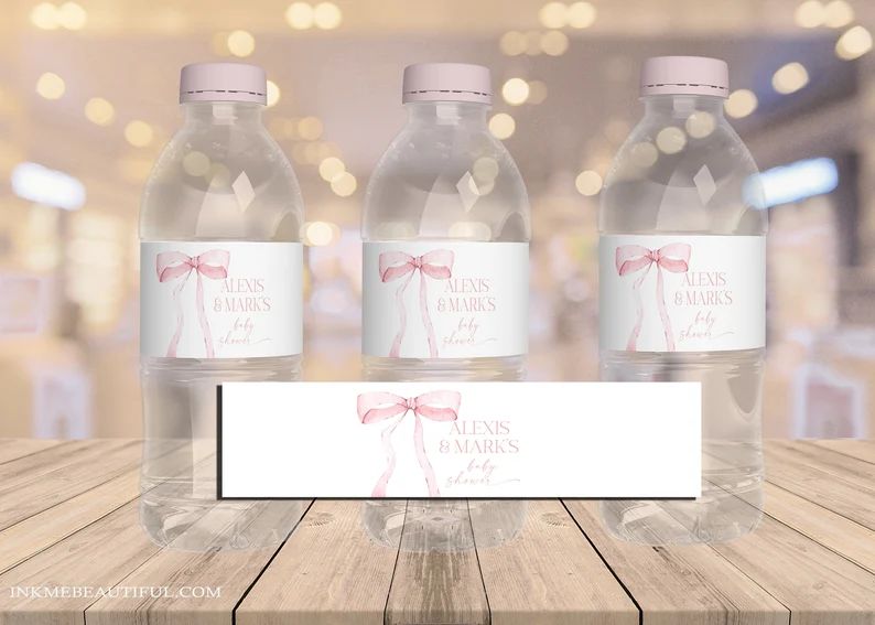 EDITABLE Pink Bow Baby Shower Water Bottle Label Minimalist Baby Shower Pink Watercolor Ribbon Bl... | Etsy (US)