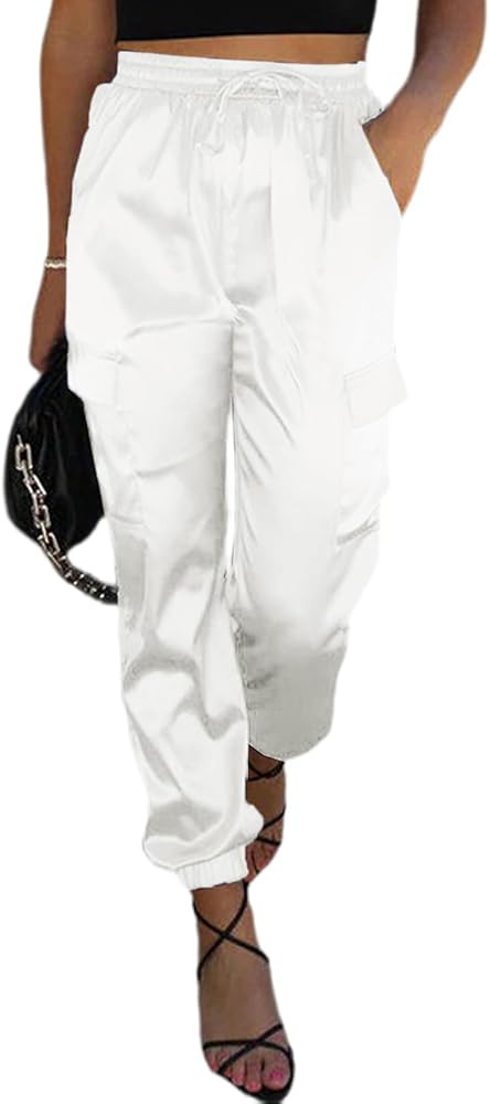 EVALESS Satin Joggers for Women Drawstring Elastic High Waist Straight Leg Cargo Pants Long Loung... | Amazon (US)