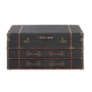 40 in. Dark Blue Large Rectangle Linen Upholstered Trunk 2 Drawer Coffee Table with Buckle Hinged Top | The Home Depot