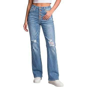 LookbookStore High Waisted Ripped Flare Jeans for Women Distressed Bell Bottom Jeans Wide Leg Pan... | Amazon (US)