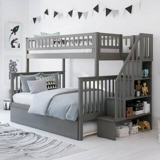 Woodland Staircase Bunk Bed Twin over Full with Twin Size Urban Trundle Bed in Grey | The Home Depot