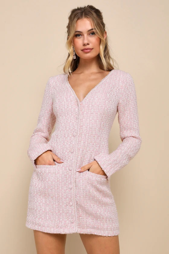 Beautifully Posh Pink Boucle Button-Front Long Sleeve Mini Dress | Lulus (US)