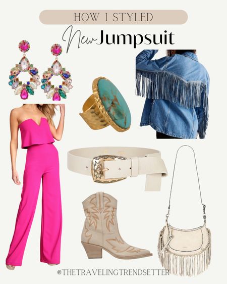 How I would style this jumpsuit, fringe, denim jacket, Shackett, turquoise, belt, cowgirl, booty, fringe, purse, handbag, costume, jewelry, big earrings, western fashion, rodeo, Houston, country concert, outfit, Nashville outfit, bachelorette, girls, night out, date night, South, Texas, Fort Worth, stockyards, dress up, formals, dolce, Vida, free people, evolve, lulu

#LTKstyletip #LTKfindsunder50 #LTKworkwear