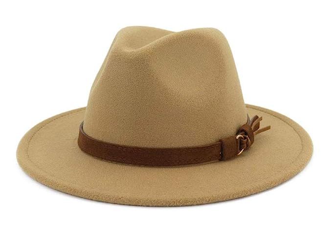 JasWell Women Large Wide Brim Felt Wool Fedora Hat with Belt Buckle | Amazon (US)