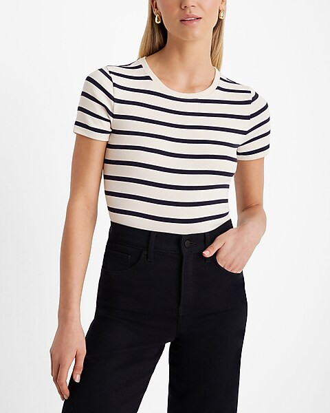 Ribbed Striped Crew Neck Short Sleeve Bodysuit | Express