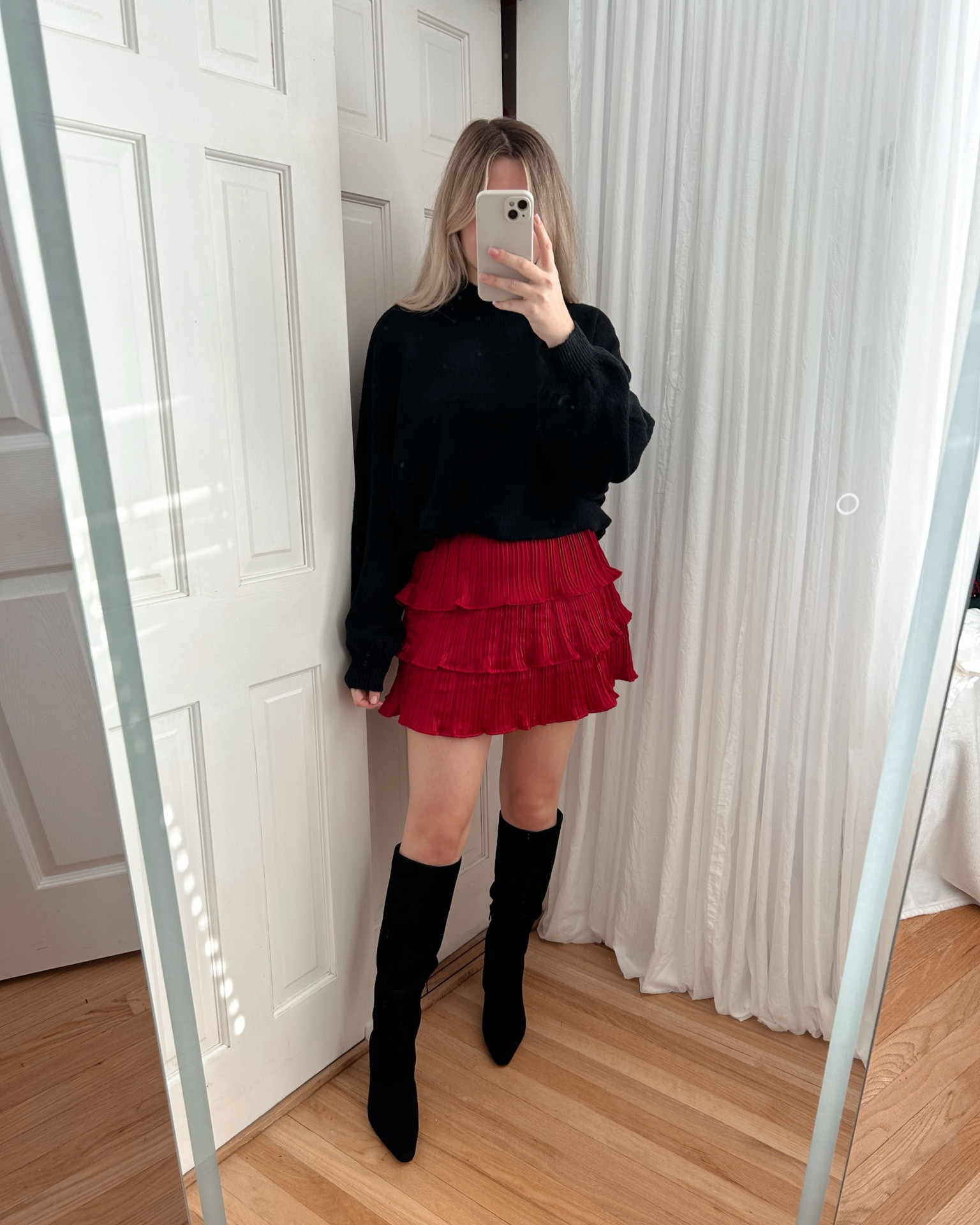 Size large in sweater and XS in skirt 🎁 size up in the skirt it runs small✨ holiday outfit, boots, red skirt, Christmas outfit 

#LTKsalealert #LTKfindsunder50 #LTKparties