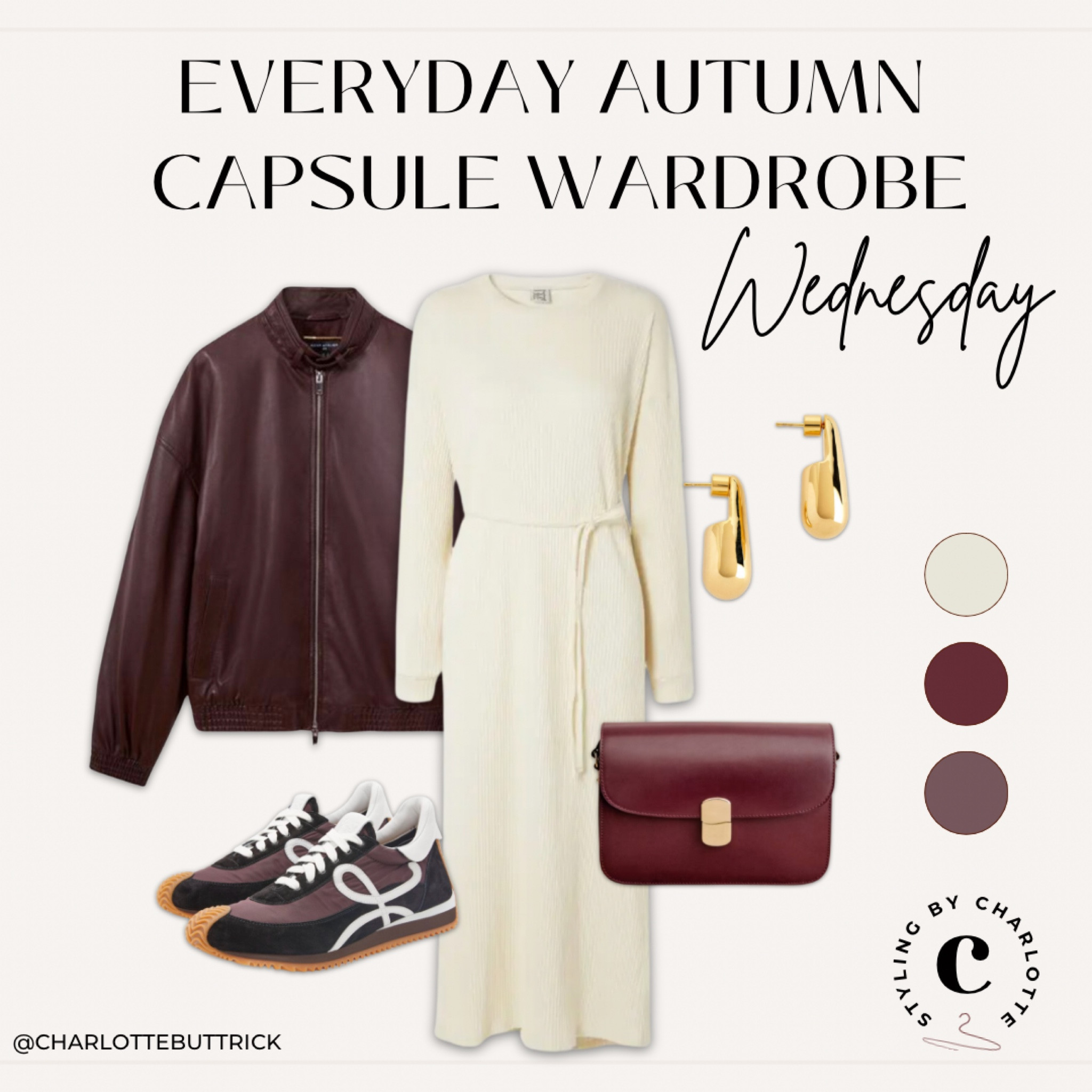 A week of autumn outfit ideas from a fall capsule wardrobe 🧦✨🤎🍂 WEDNESDAY 

cream knitted dress, burgundy leather jacket, Loewe flow runner trainers, brown sneakers, burgundy handbag 

#LTKautumn #LTKeurope #LTKuk