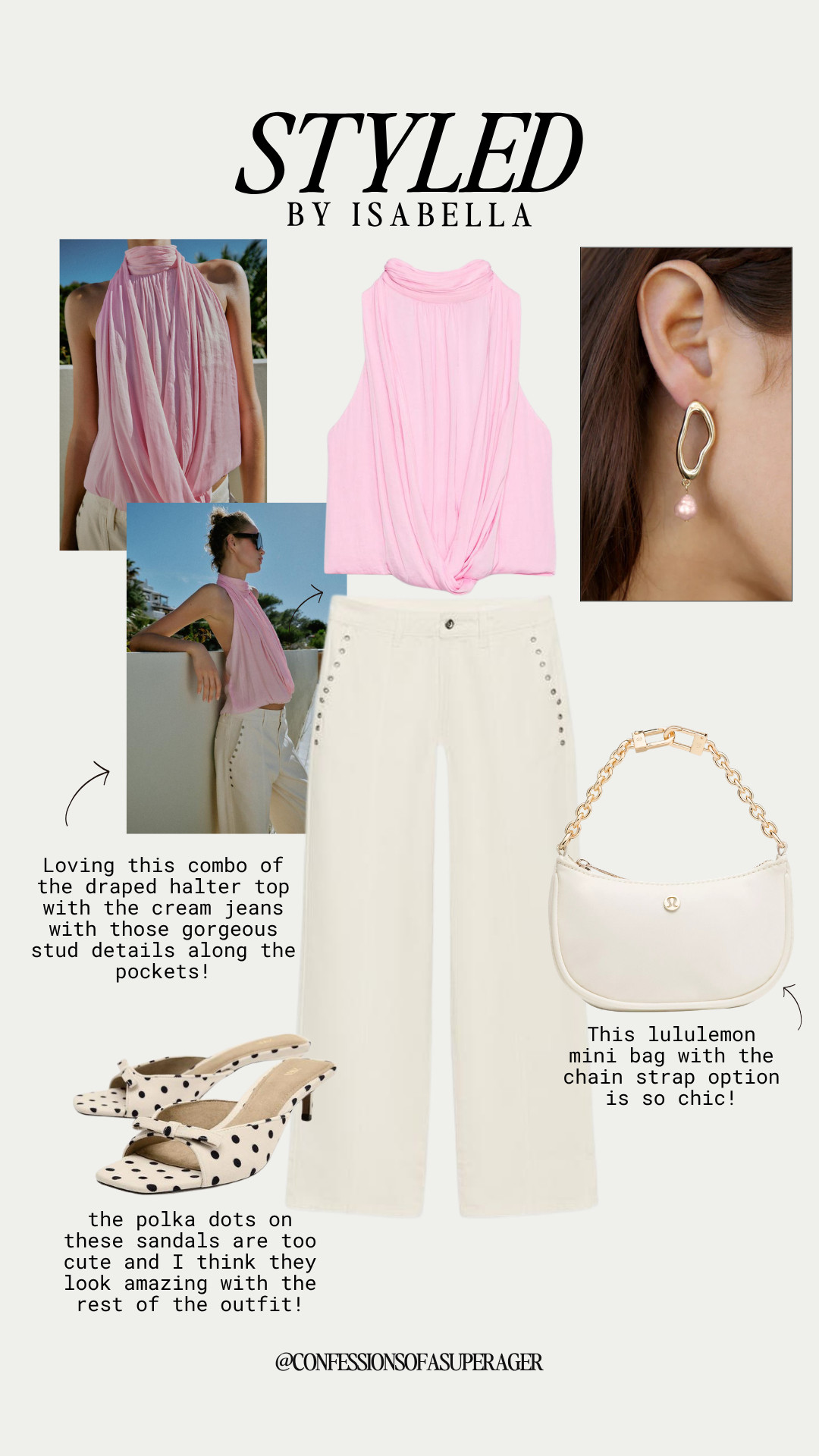 Pink and cream is the chic summer color combination I can’t stop wearing 💕 This draped halter top paired with cream wide-leg jeans creates the perfect elevated outfit for brunch, vacation, date night, or a summer event. Finished with a luxe mini shoulder bag, statement earrings, and adorable polka dot heels for a feminine, polished look that feels both timeless and on-trend. Shop the entire outfit now on LTK! ✨ #SummerStyle #PinkOutfit #WideLegJeans #HalterTop #FeminineStyle #VacationOutfit #DateNightOutfit #BrunchStyle #ChicFashion #SummerFashion #ElegantStyle #NeutralStyle #LululemonBag #PolkaDotHeels #FashionOver40 #Over50Style #LuxuryStyle #LTKStyle #LTKFinds #ConfessionsOfASuperager

#LTKootd #LTKSeasonal #LTKSaleAlert