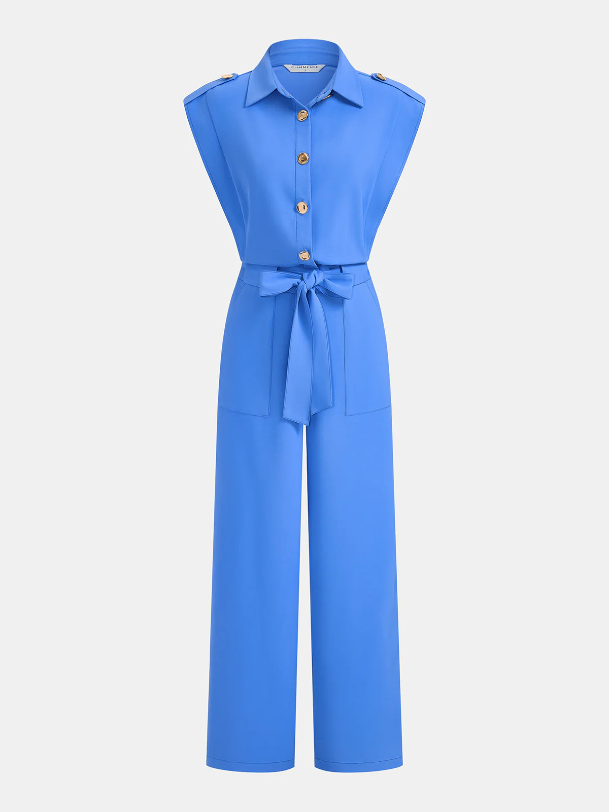 Sleeveless Collared Tie Waist Wide-Leg Jumpsuit | Commense