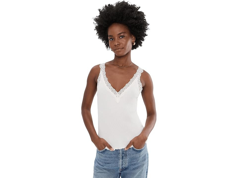 Madewell Lace-Trim Ribbed V-Neck Tank Top Women's Clothing Winter White : LG (Women's 10-12), Cotton/Modal/Tencel | Zappos