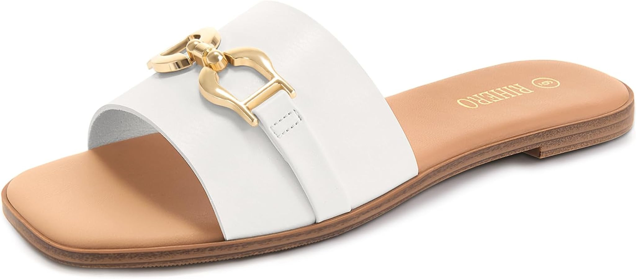Rihero Women's Flat Sandals Summer Comfortable Square Open Toe Slip On Leather Slide Sandals | Amazon (US)