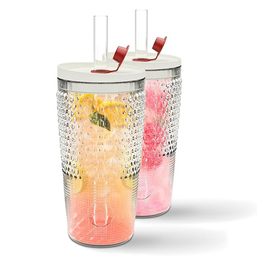 The Crafted Cuisine Glass Tumbler with Straw and Lid 22oz (pack of 2) - Clear Iced Coffee Cup w/Vintage Design, Dishwasher Safe Cups - Versatile Glass Coffee Tumbler for Smoothie Water & More | Amazon (US)