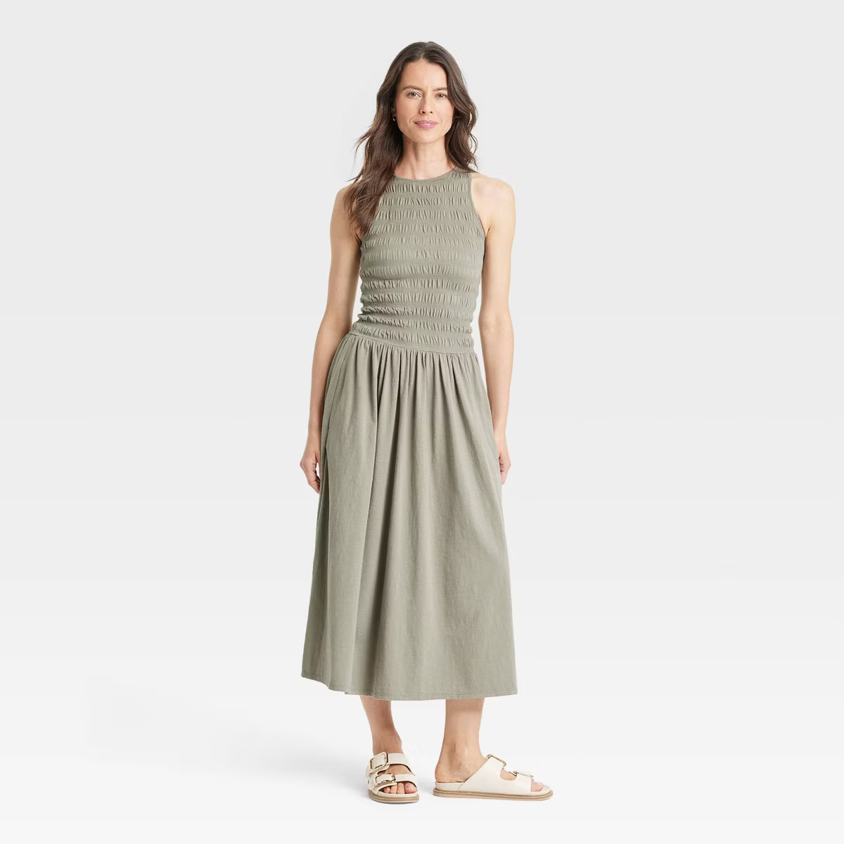 Women's Smocked Knit Maxi A-Line Dress - Universal Thread™ Olive Green XS | Target