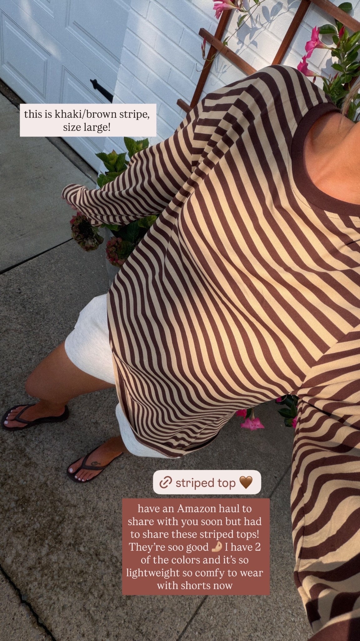 have an Amazon haul to share with you soon but had to share these striped tops! They’re soo good 🤌🏼 I have 2 of the colors and it’s so lightweight so comfy to wear with shorts now  this is khaki/brown stripe, size large! @xieerduo.official