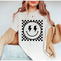 Checkered Pattern Smiling Face T-Shirt, Cute Smile Shirt, Trendy Face, Happy Smile Shirt, Lightning Tee, Positivity Women | Etsy (US)