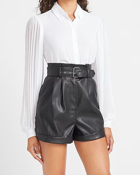 Super High Waisted Vegan Leather Belted Shorts | Express