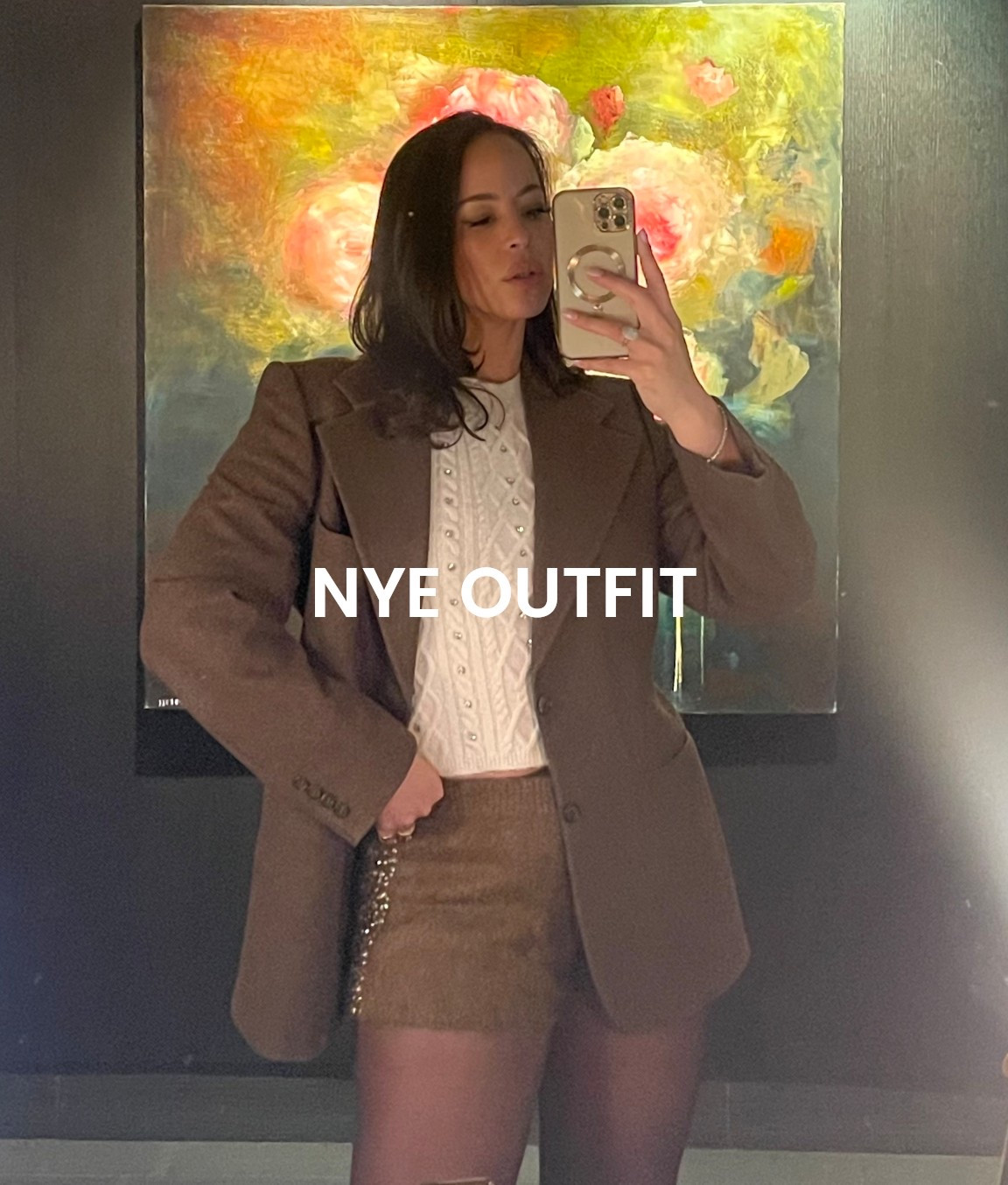 NYE outfit !! I wore the tiniest hairy shorts with a cable knit that both had jewels for extra sparkle! Paired with a vintage oversized YSL blazer (sorry can’t link!) BTW these tights are so resistant this is my 4th time wearing them and are still run-free! 