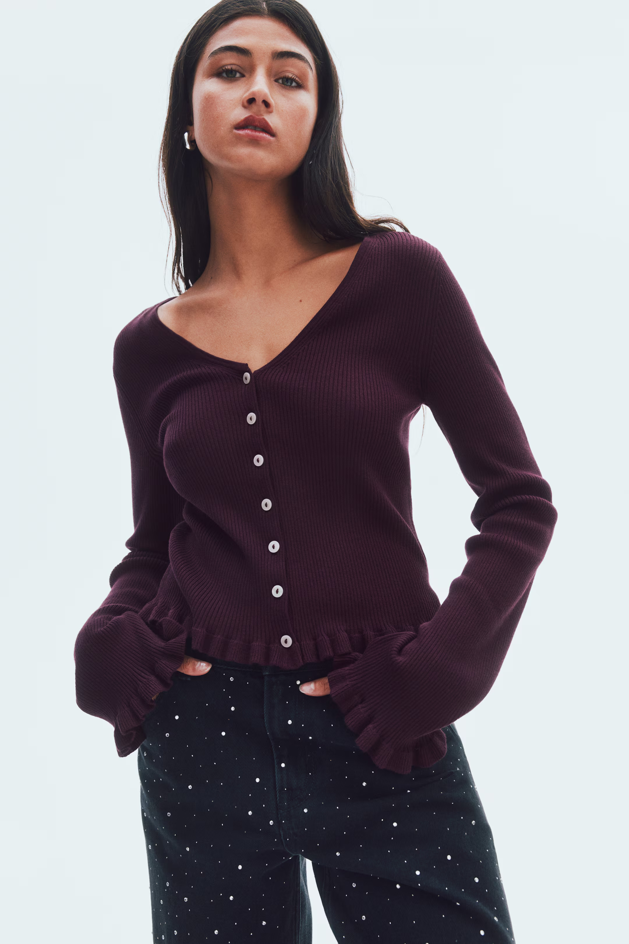 Ruffle-Trimmed Cardigan - Plum red - Ladies | H&M US | H&M (US + CA)