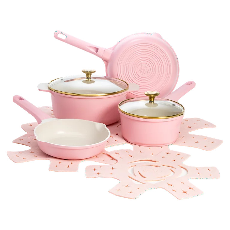 Paris Hilton Clean Ceramic Nonstick Cast Aluminum Cookware Set with Heart Shaped Lid Knobs, Pink | Walmart (US)