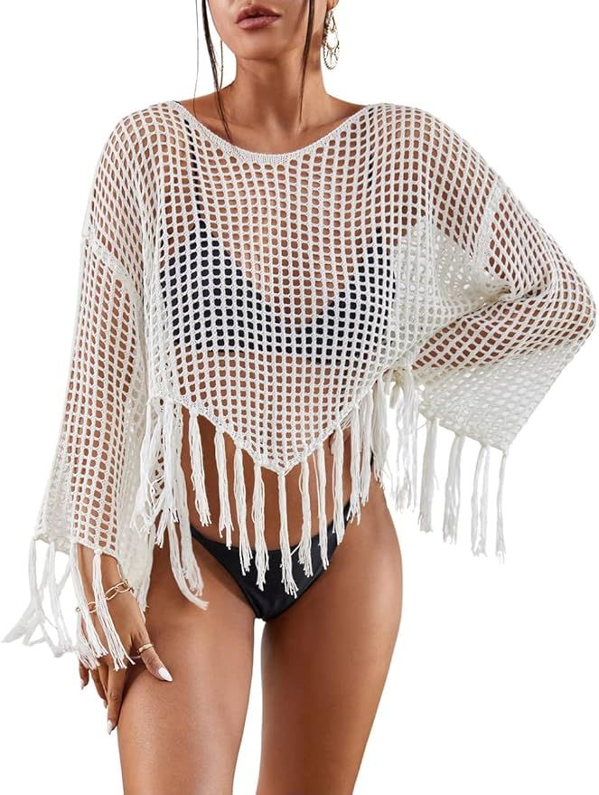 Bsubseach Crochet Cover Up for Swimwear Women Hollow Out Swimsuit Coverup Long Sleeve Beach Top | Amazon (US)