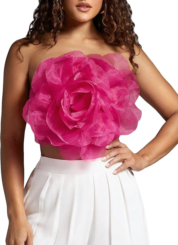 Verdusa Women's Floral Appliques Backless Crop Tube Top Strapless Slim Fitted Bandeau Shirt | Amazon (US)