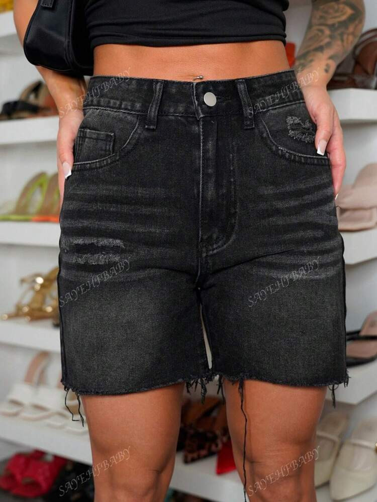 SAYEHFBABY Women's Patchwork Frayed Hem Ripped Casual Denim Shorts | SHEIN