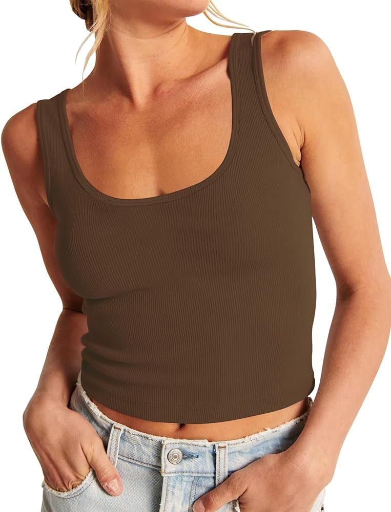 Artfish Women's Scoop Neck Sleeveless Knit Ribbed Fitted Casual Crop Tank Top | Amazon (US)