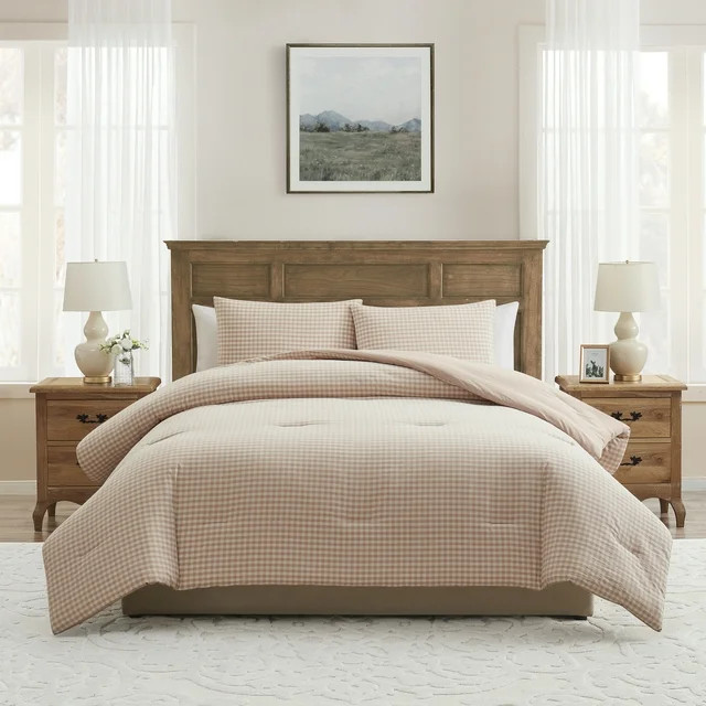 My Texas House Collins 3-Piece Taupe Gingham Cotton Comforter Set, Full/Queen | Walmart (US)