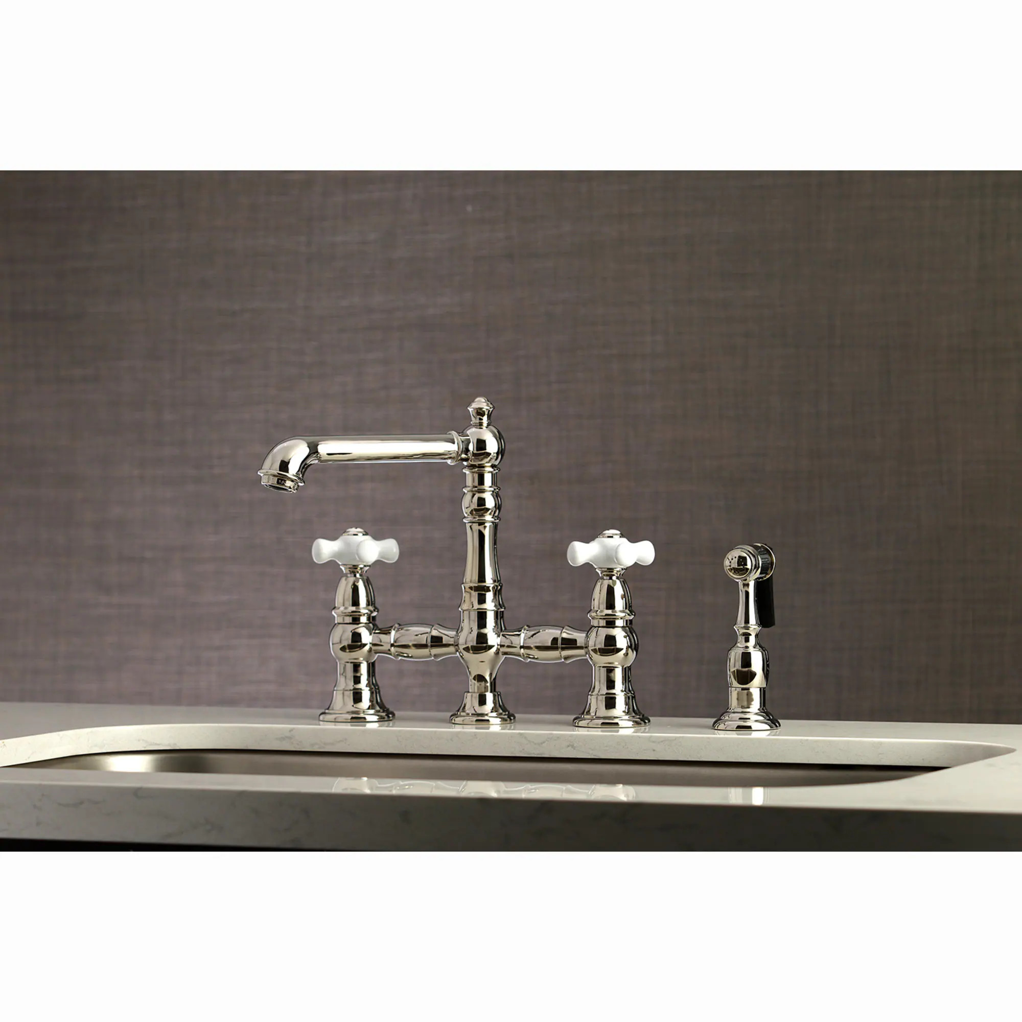 Kingston Brass English Country Polished nickel Double Handle Deck-mount Bridge Kitchen Faucet with Sprayer (Includes Side Sprayer) | WLKS7276PXBS | Lowe's