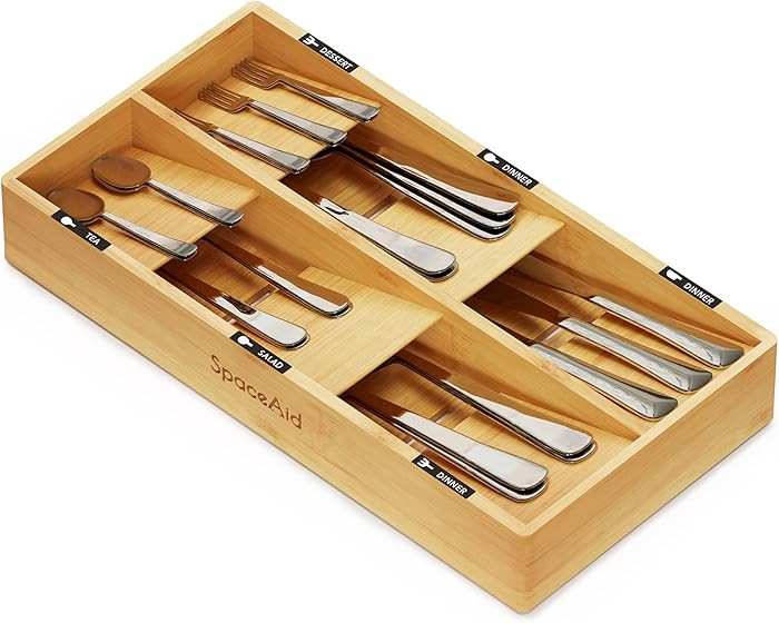 SpaceAid Bamboo Silverware Drawer Organizer with Labels, Kitchen Utensil Tray Holder Organizer fo... | Amazon (US)