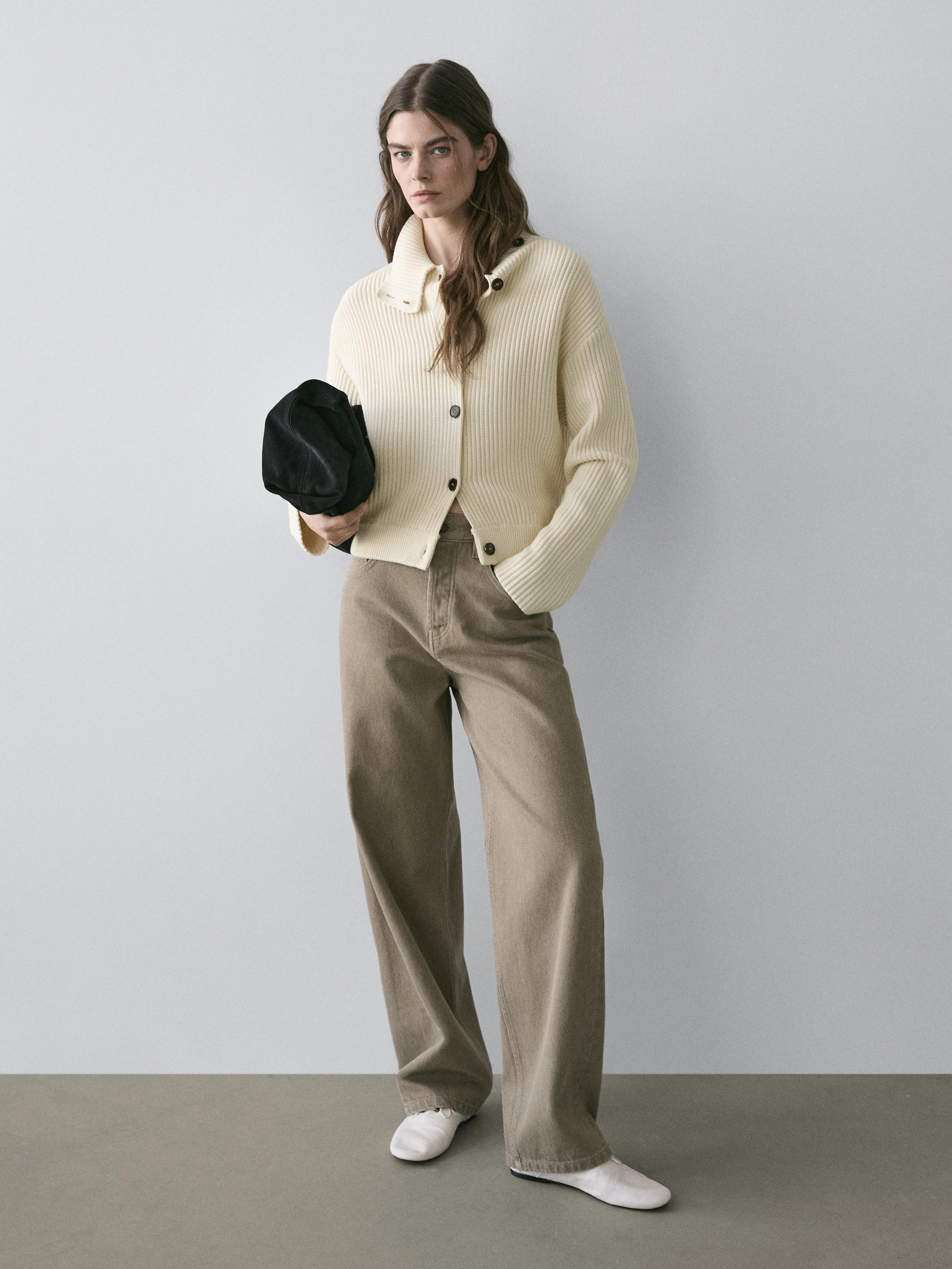 Cotton high neck knit cardigan | Massimo Dutti UK