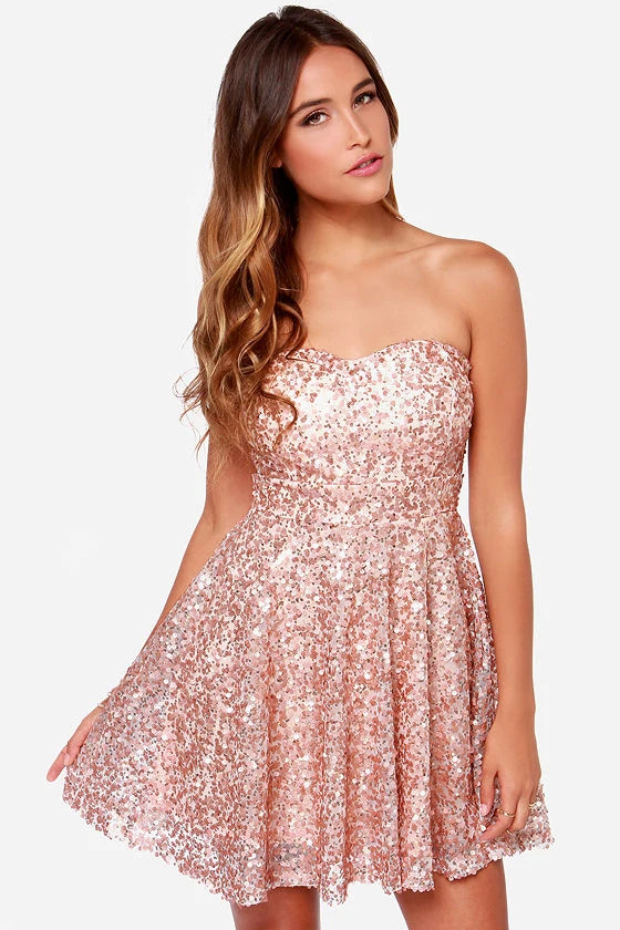 Shine and Dandy Strapless Rose Gold Sequin Dress | Lulus