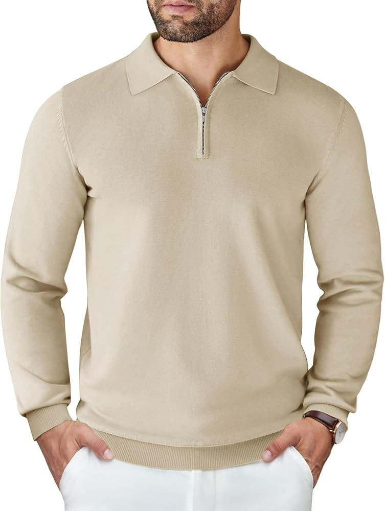COOFANDY Mens Knit Polo Sweater Casual Long Sleeve Quarter Zip Polo Sweater Classic Golf Shirts | Amazon (US)