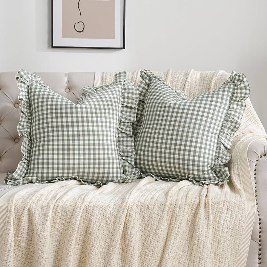 2 Pack Sage Green/White Plaid Ruffle Throw Pillow Covers Farmhouse Checkered Chic Washed Cotton P... | Amazon (US)