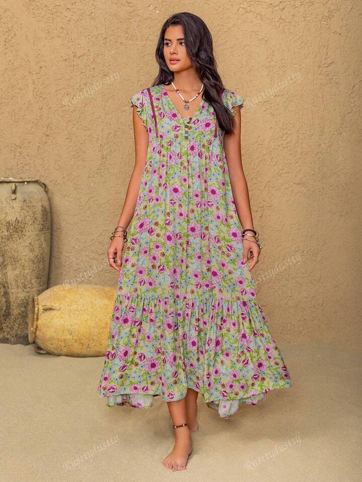 Rusttydustty Bohemian Floral Women Long Dresses Summer Party Beach Holiday Coachella Music Festival Beach Outfits Hawaii Tropical Vacation | SHEIN