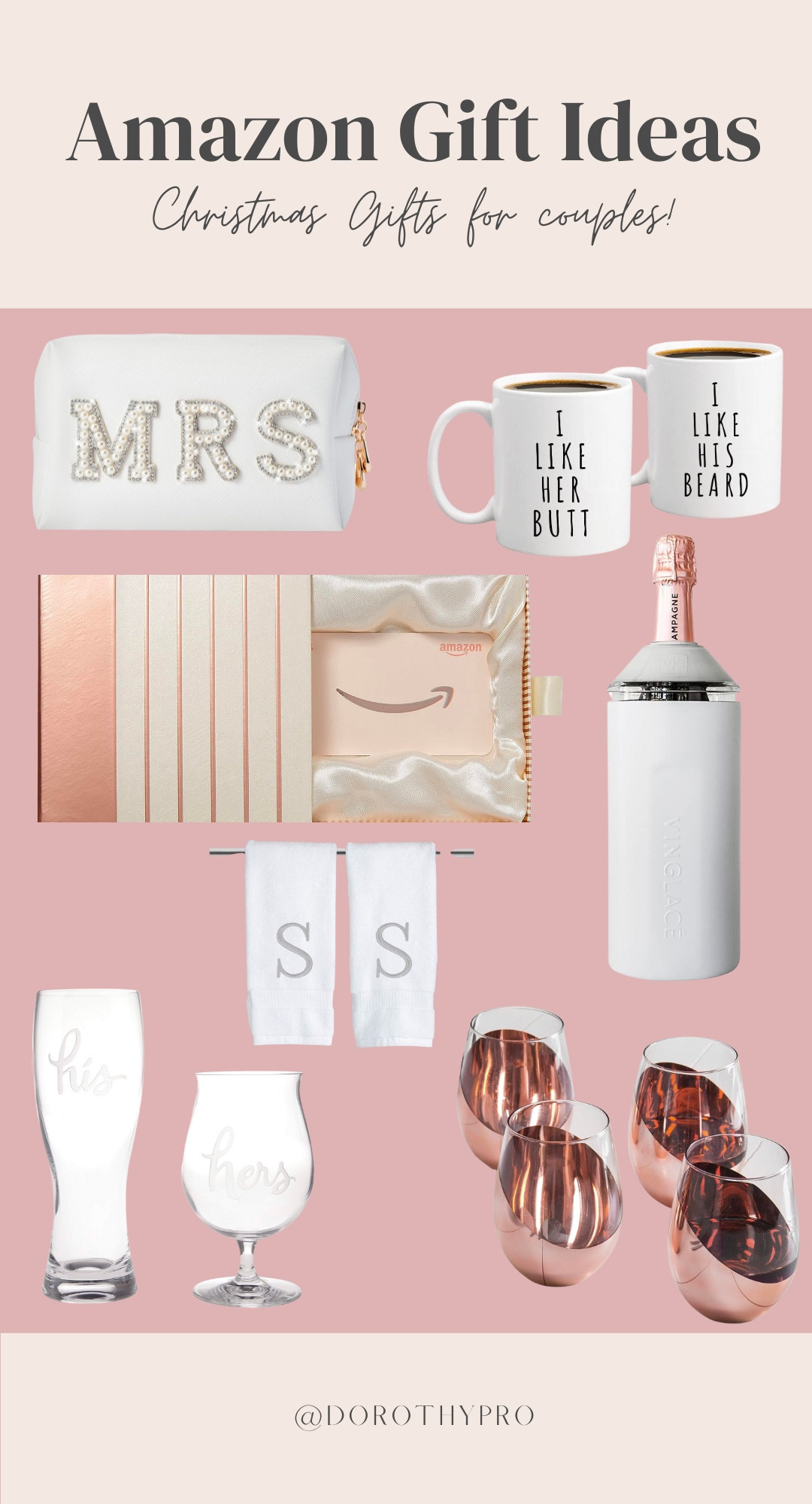 AMAZON FINDS!! 
Super cute and thoughtful COUPLE GIFTS!! Included wine bottle chiller, CUSTOM hand towels, gift cards, MRS and MR cup and mug sets, and an adorable makeup or travel bag for your MRS!! 

#LTKAMAZONFINDS
#AMAZON
#GIFTFINDS


#LTKGiftGuide #LTKsalealert #LTKHoliday