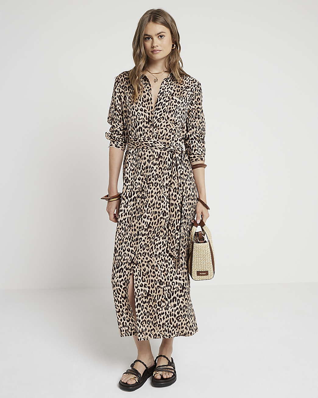 Beige leopard print belted midi shirt dress | River Island (UK & IE)