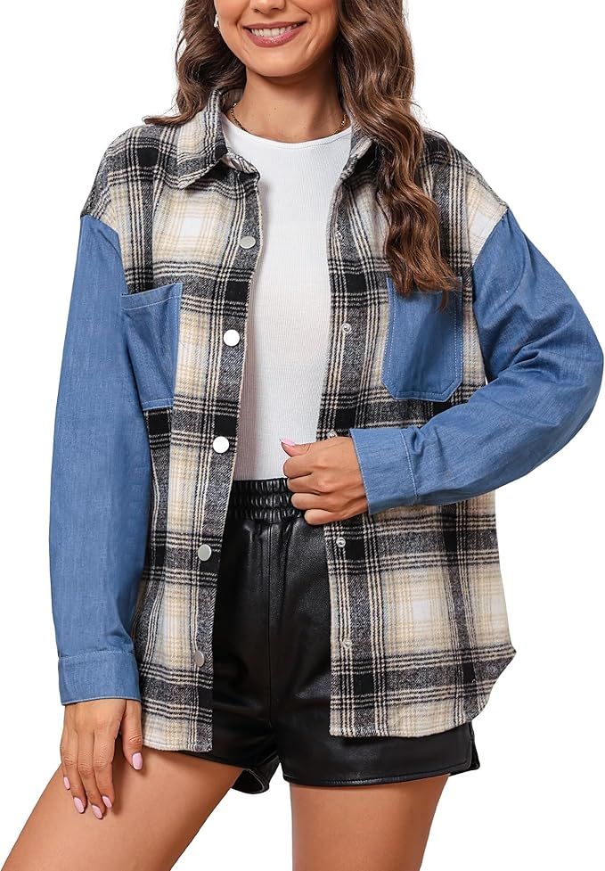 luvamia Womens Shacket Plaid Flannel Shirt Jean Jacket Denim Button Down Shirts Jackets Fashion C... | Amazon (US)