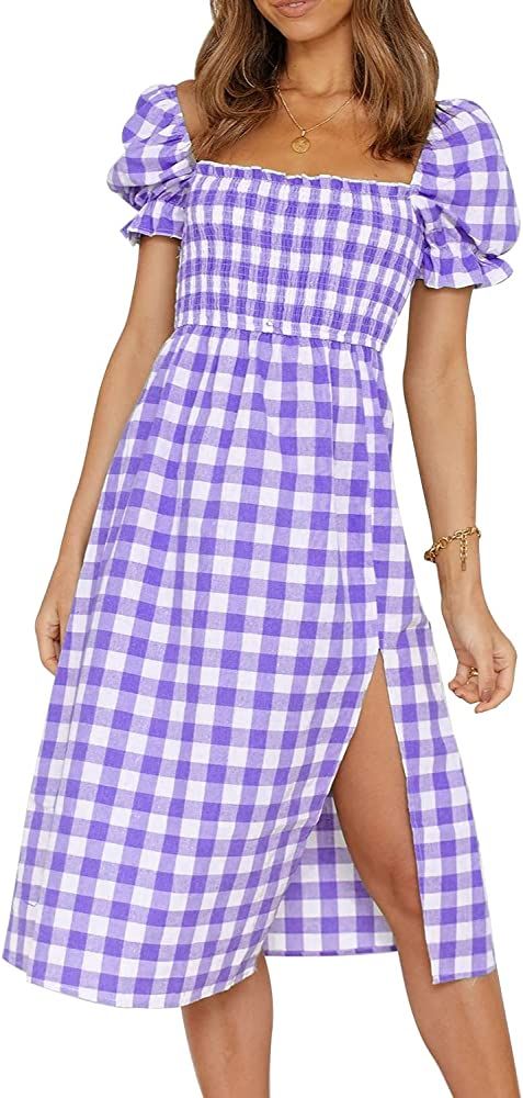 PRETTYGARDEN Plaid Dress for Women Short Puff Sleeve Square Neck Side Split Summer Midi Flowy Dre... | Amazon (US)