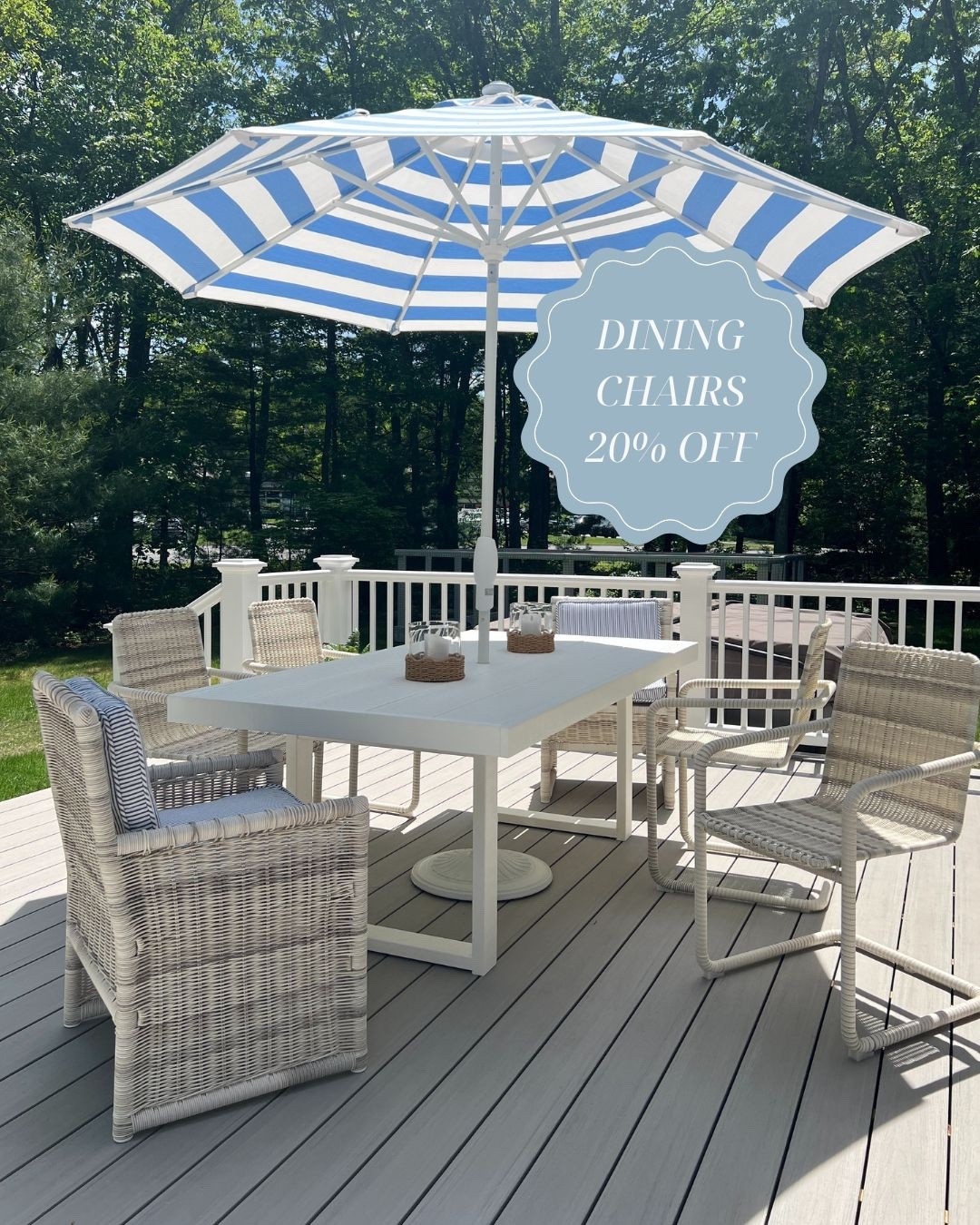 My outdoor dining chairs on the ends of the table are 20% off right now (the ones on the side have been discontinued). They are so comfy & have held up so well (we keep them outdoors with covers on all year long).
- coastal home decor, coastal style, outdoor furniture, patio furniture, patio chairs, outdoor dining chairs, outdoor furniture with performance fabric, wicker chairs, rattan chairs, outdoor living, outdoor dining chairs, beach house furniture, beach house outdoor furniture, lake house furniture, dining chair cushions, outdoor dining chair covers, stain resistant outdoor furniture, pacifica outdoor furniture, outdoor dining table, white dining table, outdoor decor, patio decor, amazon palm trees, polywood furniture, polywood dining table, edge dining table, outdoor dining table, patio table for 8, catalina dining chairs, serena & lily dining furniture, serena & lily dining chairs, serena & lily outdoor furniture, striped umbrella, outdoor umbrella, blue & white umbrella, patio umbrella, patio ideas, deck furniture ideas

#LTKSaleAlert #LTKHome #LTKSeasonal