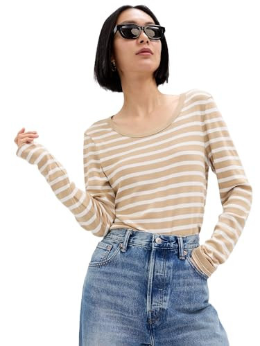 GAP Womens Long Sleeve Favorite Crew-Neck T-Shirt Beige Stripe XXL | Amazon (US)