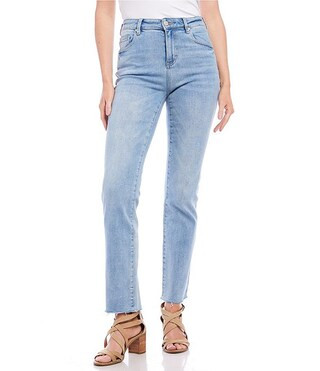 Ankle Length Raw Hem Straight Leg High Rise Stretch Denim Jeans | Dillard's
