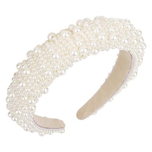 YISSION 1PC White Pearl Headband for Women Jeweled Head Band Beaded Hairband Fashion Padded Headbands for Women Wedding Bridal Headband Hair Accessories for Women Girls | Amazon (US)