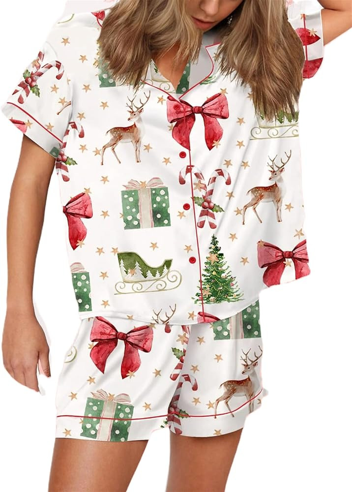 Aonoapll Women Christmas Pajama Set Nutcracker Printed Short Sleeve Button Shirt and Shorts 2 Pie... | Amazon (US)