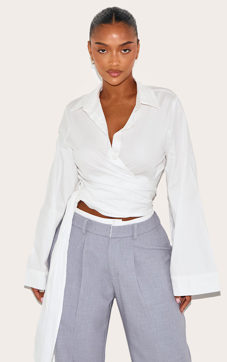 Shape White Wrap Tie Waist Wide Sleeve Shirt | PrettyLittleThing US