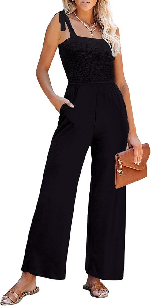 ZESICA Women's 2023 Summer Casual Spaghetti Strap Smocked High Waist Wide Leg Jumpsuit Romper | Amazon (US)