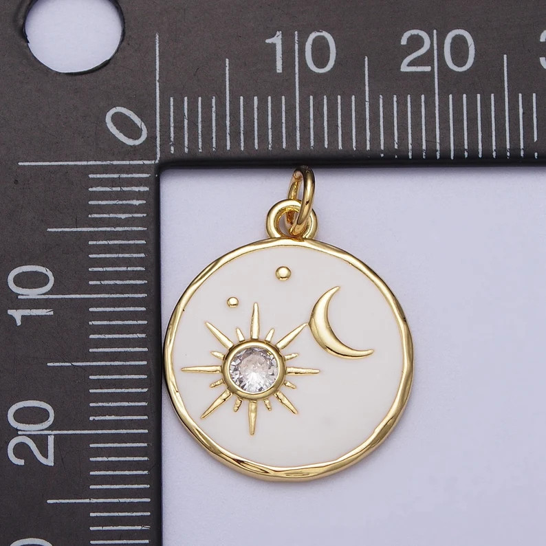 14K Gold Filled White Enamel Celestial Sun Crescent Moon Round Coin Charm E651 - Etsy | Etsy (US)