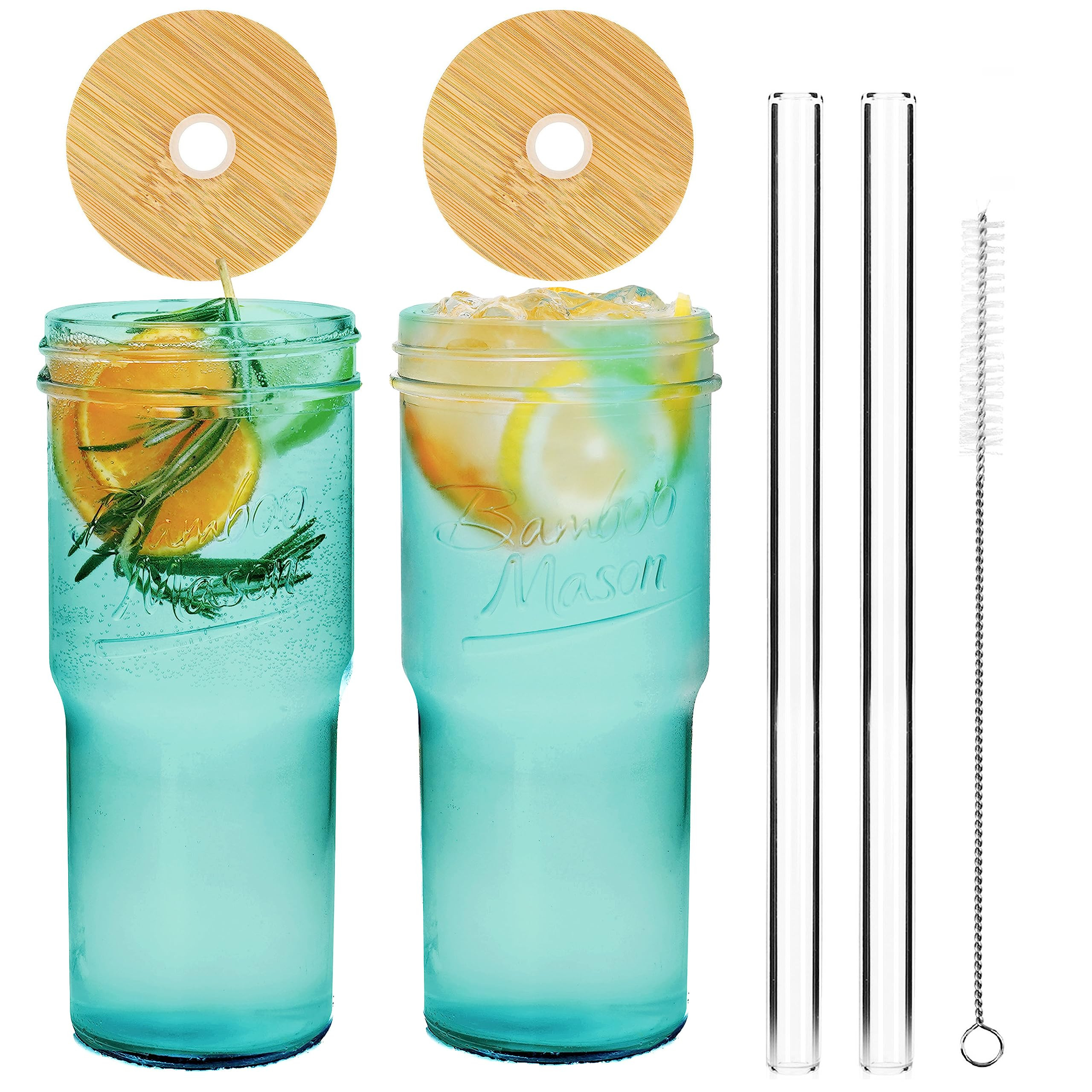 ANOTION Colored Glass Cups with Lids and Straws - 24oz Travel Coffee Mug Wide Mouth Mason Jar Ice... | Amazon (US)