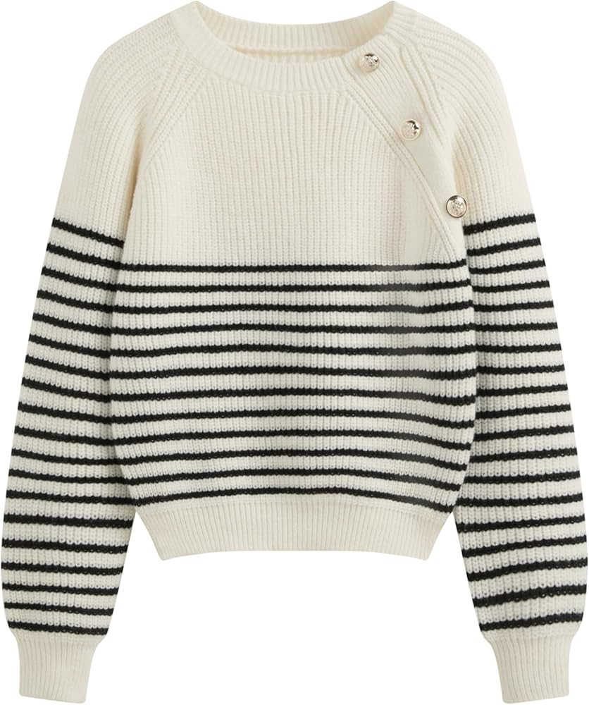 CIDER Cropped Sweaters for Women Fall Striped Crewneck Long Sleeve Sweater Fitted Pullover Sweate... | Amazon (US)