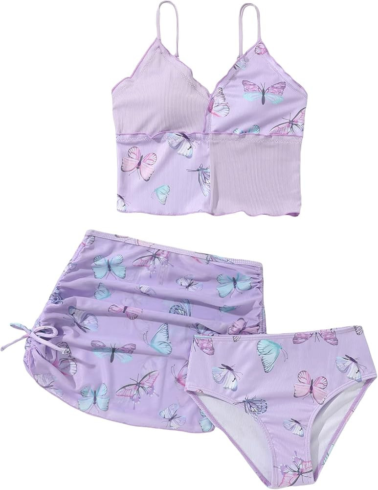 WDIRARA Girl's 3 Piece Set Floral Butterfly Print Colorblock Swimwear Tie Side Onepiece Swimsuit ... | Amazon (US)